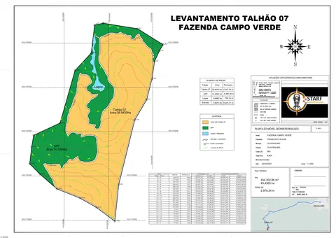 Prancha final do levantamento do Talhão 07 com curvas de nível, quadro de áreas e tabela de coordenadas
