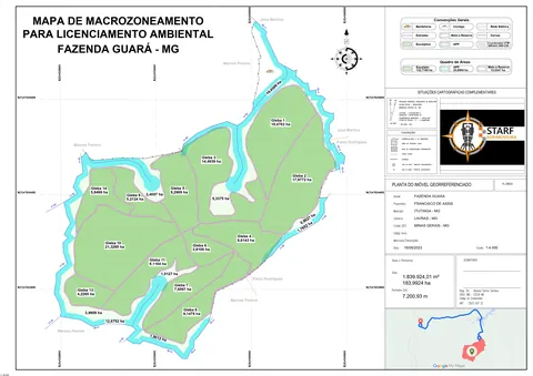 Prancha final do mapa de macrozoneamento com quadro de áreas e convenções